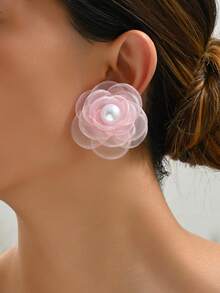 1对女士时尚简约清新风格山茶花耳环，适合日常佩戴和聚会场合 - 彩色 - 查看 4