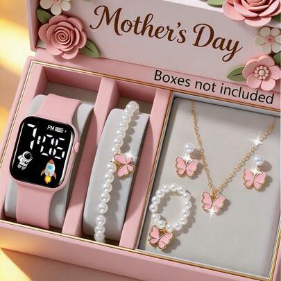 6/5pcs Set. Fashionable, Minimalist, Elegant And Cute. Suitable For Teenage Girls. Square Digital Display Electronic Watch With Butterfly Jewelry Set, Including Necklace, Bracelet, Earrings And Ring. Very Suitable For Girls To Wear, Can Check Time At Parties, Gatherings And Outings. Also A Great Gift Choice For Friends/Mothers, Suitable For Mother's Day, Back To School Season And Wedding Season.