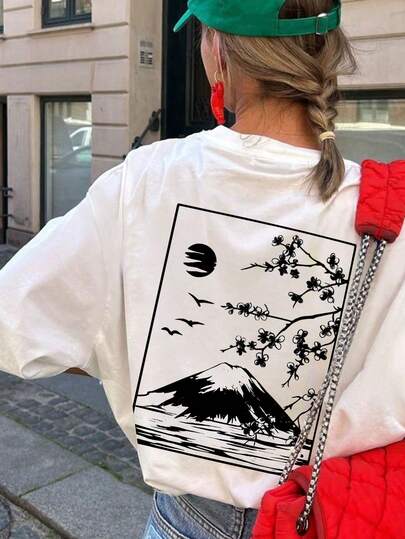 1pc Women's Summer Round Neck Short Sleeve T-Shirt Top With Sakura, Mount , Bird Print, Retro Japanese Style. Suitable For Summer, Beach, Street, Daily, Work, Office Party, Outing, Festival, Music Festival, Valentine's Day, Party. Beautiful Women's Style Top, Women's Vacation Wear. Elegant Office Wear, Cute Top, Women's Holiday Outfit, Date Night , Women's Graceful Top, Summer Casual Wear, Women's Vacation Outfit. White