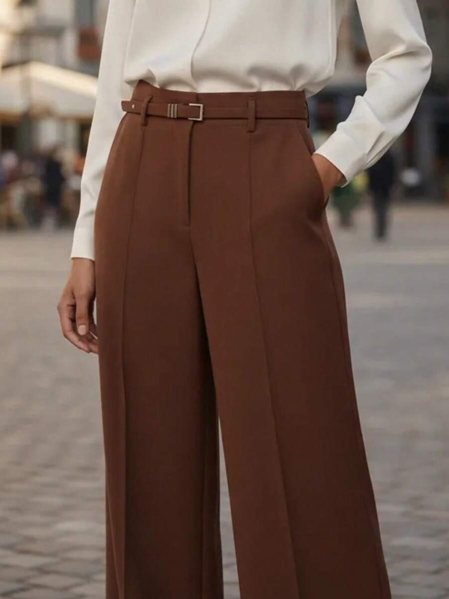 Women's Tailored Wide-Leg Pants With Covered Belt And Zipper - Elegant Formal Work/Office Wear - Rỉ Nâu - Xem 1