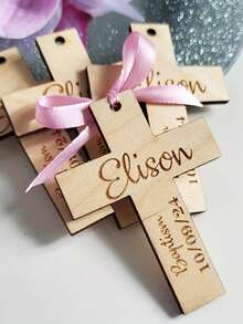 Personalized Wooden Baptism Cross Gift - Custom Name Plate, Elegant Calligraphy And Floral Pattern, Natural Wood Religious Decor For Church, Home, Christmas, Thanksgiving - Baptism, Wedding, Anniversary Unique Memento - Apricot - View 2