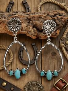 波西米亚象牙绿松石椭圆形耳环，复古镂空水滴牛仔耳环 - 水滴形 - 查看 2