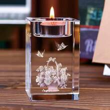 3D Laser Engraved Rose Basket Crystal Candle Holder, Butterfly & Floral Candle Holder, Romantic Home Decor, Perfect Easter Or Mother's Day Gift For Her, Girlfriend, Wife - A - View 7