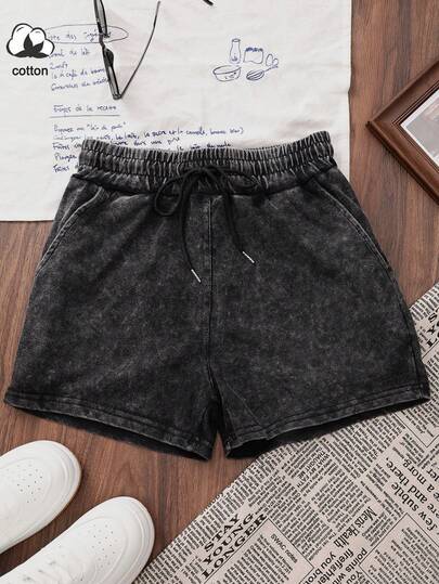 Es Trus Plus 女士夏季纯色柔软舒适日常休闲运动短裤，通勤百搭，时尚复古街头风，嘻哈 Y2K 黑色做旧水洗，前口袋，宽松抽绳收腰短裤，夏季外出完美之选，可机洗。
