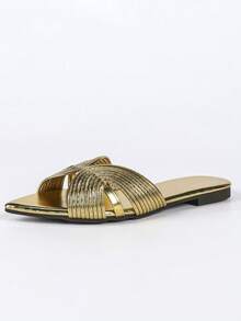 French New Pointed Toe Gold Woven Versatile Soft Vacation Style Open Toe Slide Sandals For Women - Gold - View 7