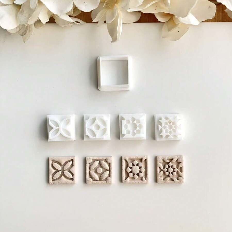 5pcs Flower Tile Traditional Pattern Polymer Clay Molds, Bohemian Style Flower Tile Clay Molds, Polymer Clay Mold Set, 3D Printing Material, INS Style DIY Jewelry Pendant Craft For Pottery Art - White - View 1