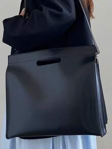 极简公文包手提包、电脑包、通勤文件包、小众手提单肩斜挎大容量工作包 - 黑色 - 查看 6