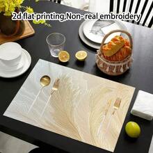 4-Piece Single-Sided 12x18inch Linen Printed White And Beige Feather Pattern Placemats, Suitable For Home Gatherings, Restaurant Decoration, And Dining Etiquette - 4 Pieces - 12*18 Inches - View 6