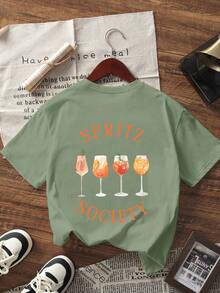 夏季新款休闲鸡尾酒印花圆领短袖T恤，时尚百搭女式上衣 - 綠色 - 查看 2
