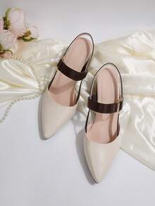 Beige Pointed Toe High Heel Mules With Buckle Strap And Hollow-Out Design, Elegant Office Slip-On Casual High Heel Pumps - Beige - View 9