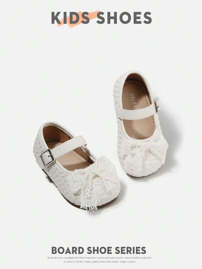 1双女童蕾丝蝴蝶结珍珠装饰玛丽珍平底鞋，圆头系带，公主风，适合日常、生日派对、节日庆典 [请根据实际厘米尺寸选择尺码]