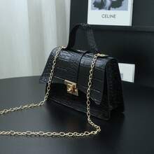 时尚休闲鳄鱼纹压花手提包，链条单肩斜挎方形包 - 黑色 - 查看 2