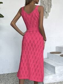 女士休闲V领纯色钩针开衩连衣裙，全白夏季款，奶油黄返校秋季款，优雅长款派对连衣裙，适合秋冬季节（图案随机），度假海滩装 - 玫紅色 - 查看 2