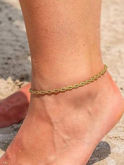 1pc Stainless Steel Gold Twist Anklet, Length 21.5-26.5cm, Women's Foot Jewelry