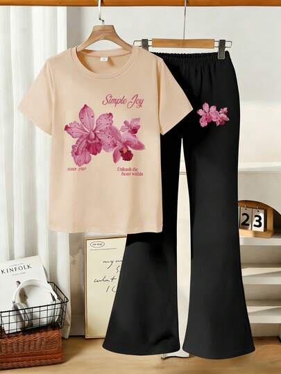 1 Set Floral Print Short Sleeve T-Shirt And Flare Pants Outfit For Teenage Girls, Casual Loose Sporty Style Short Sleeve Round Neck T-Shirt, Perfect Summer Gift For School And Outdoor Wear, Suitable For Spring And Summer