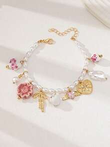 1pc Handmade Ceramic Bow & Heart Charm Bracelet, Faux Pearl Beaded Strand, Basic Design Beaded Charms Bracelet Women (Color And Shape May Vary Slightly) - 多色 5 - 查看 3