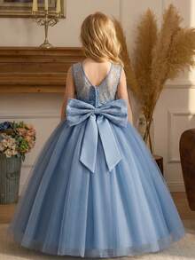 女童长款灰蓝色连衣裙，带大蝴蝶结 V 领薄纱裙，适合生日派对、宴会、舞会 - 藍色 - 查看 7