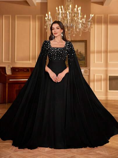  UNITHORSE Women Square Collar Rhinestone & Sequin Sleeve Solid Color Chiffon Evening Party Bridesmaid Dress, Wedding Guest Dress, Formal Dress, Bride Dress, Birthday Women Outfits, Graduation Dress