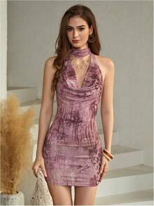 Women's Summer Halter Dress Tie Dye Cut Out Date Night Bodycon Mini Dresses - Màu xanh lam - Xem 5