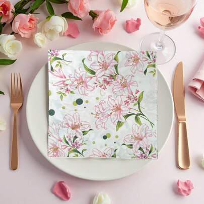 20pcs Lily Pink Floral Paper Napkins Decoupage,Festive Celebration Deco,Mother's Day,Teacher's Day Deco Napkins,Unfolding 13*13inch,Suitable For Picnics,Various Theme Parties Or Daily Use,Wedding&Birthday Party Decorations Disposable Party Napkins