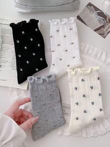 4 Paar Frühlings-/Sommersocken im minimalistischen Blümchen-Muster, vielseitig einsetzbar, knöchelhoch, Mesh Blümchen-Kniestrümpfe - Verschiedenfarbig - Übersicht 3