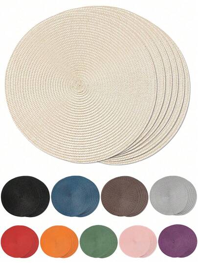 2pcs/4pcs/6pcs 15-Inch Round Woven PP Placemats, Available In Multiple Colors, Washable, Non-Slip, Heat-Resistant Table Mats And Coasters, Suitable For Family Table Decorations, Holiday Parties, Restaurants, Kitchens, Farmhouse Style, Easter And Holiday Parties.