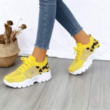 Fashion Leopard Print Lace-Up Trainers. Lightweight Mesh, Cushioned Sole And Flexible Design, Comfy For Gym, Walking And Everyday Casual Wear. - Upgrade Yellow - View 5
