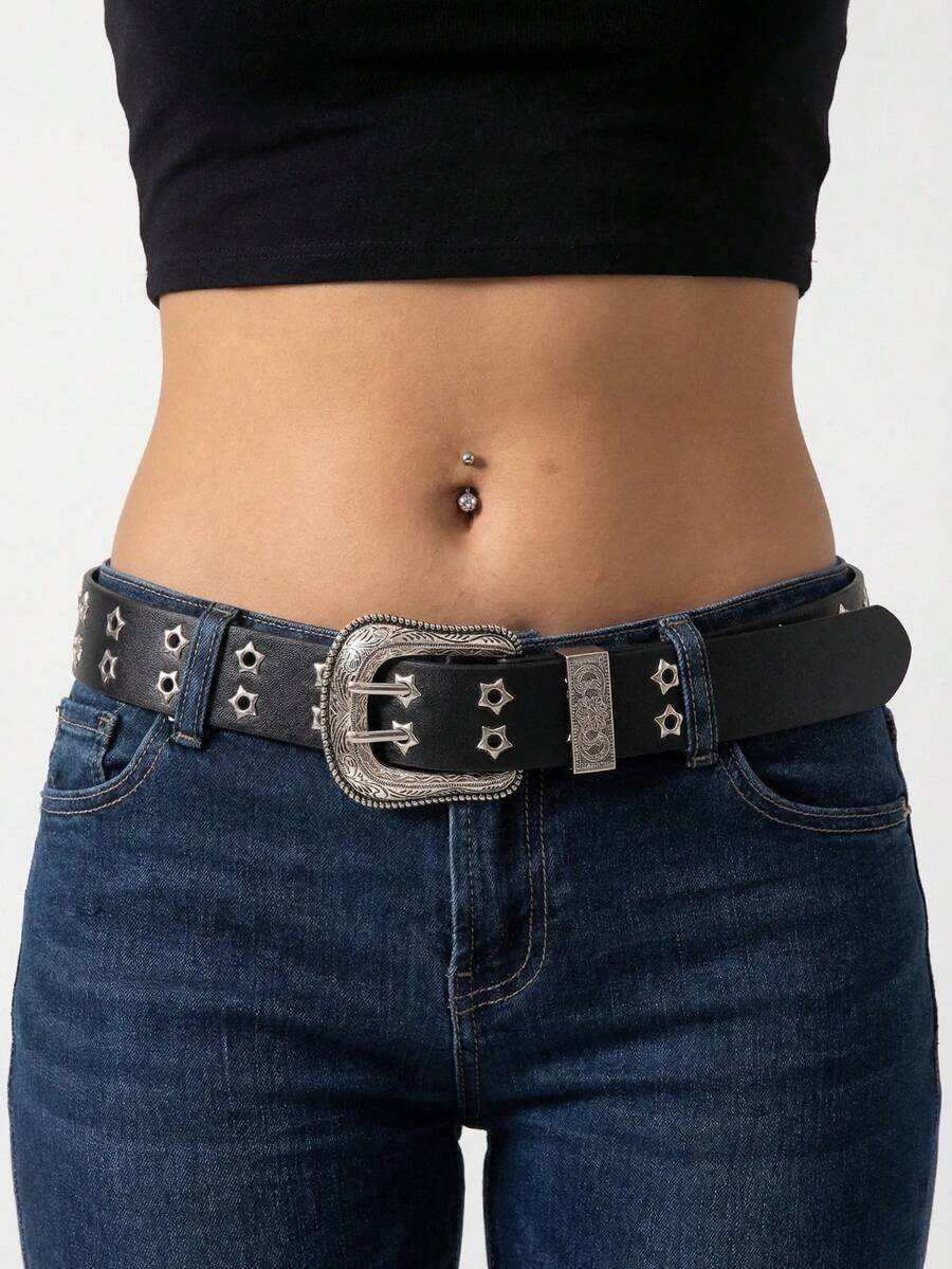 1 chiếc thắt lưng nữ màu đen kiểu Y2K Punk hai khóa, phụ kiện đa năng cho quần jeans và mặc hàng ngày. - màu đen - Xem 1