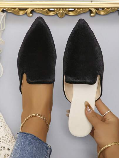 Plus Size 35-45 Women's Pointed Toe Flat Mule Shoes, Gold Color, Low Vamp, Outdoor & Daily Wear, Autumn New Arrival, PU Upper Soft Bottom Slip-On Loafers, Fashion Versatile