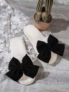 Women's Home Slippers, Black Bow Knot Pleated Fabric, Fashionable Casual Indoor Wear, Autumn/Winter - Beige - View 11