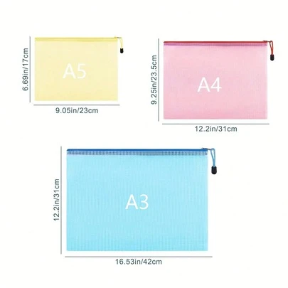 3pcs/Set 5-Color Zipper Mesh Bags, A3/A4/A5 Size (Random Color), Waterproof Zipper Pouches For Organization, Letter Size, Document Organizer, Back To School Supplies