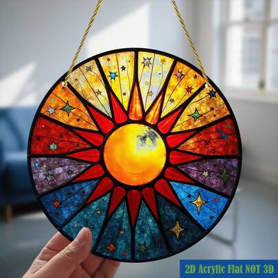 7.9英寸亚克力彩色阳光捕捉器，透明双面UV高清2D平面印刷，万花筒效果 - 家居、花园、露台窗户光线捕捉器 - 2D平面悬挂装饰（鲜艳的红/黄/绿/蓝） - 阳光和星星装饰，2D平面