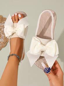2026 Summer New Big Bow Tie Flat Sandals For Women, Open Toe Slip-On Casual Backstrap Slippers, Non-Slip - White - View 1