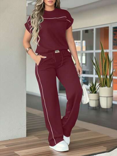 Women's Solid Color Minimalist Round Neck Short Sleeve Top And High Waist Straight Leg Pants 2 Pieces Set, Spring/Summer