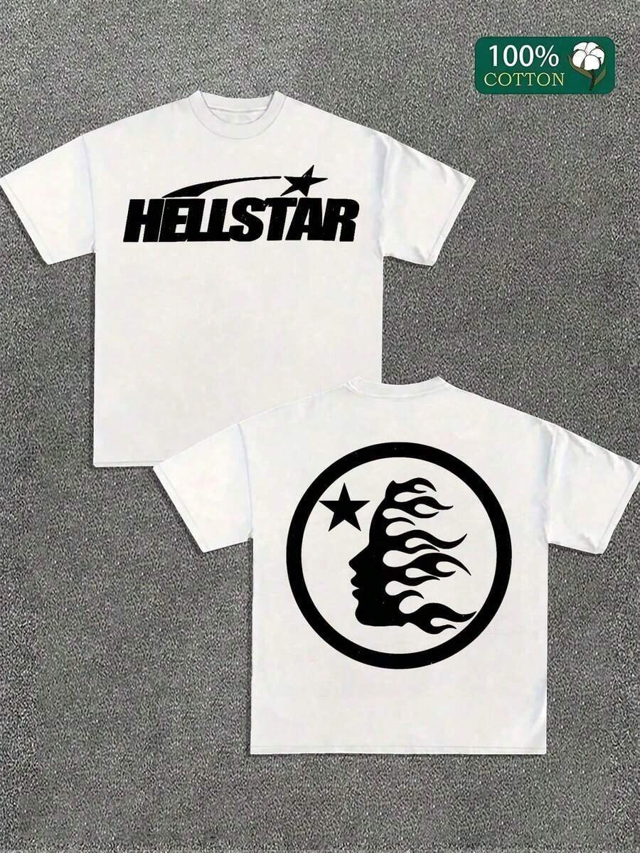(220 Cotton T-Shirt Double-Sided Printing) White 1pc Flame & Star Graphic T-Shirt, Y2K, Streetwear, Digital Print T - Shirt Casual Comfort Cotton Tee For Spring & Summer Fall Men's Clothing, Gift, Unisex - 白色 - 查看 1