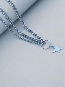 1件银色不锈钢不对称五角星吊坠项链，防褪色，嘻哈风格，适合街舞、音乐节、日常佩戴 - 銀色 - 查看 3