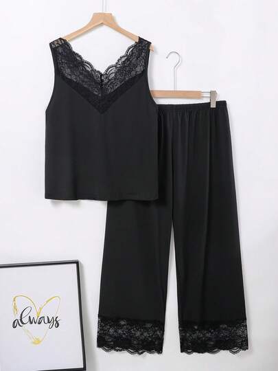 Plus Size Women Solid Color Lace Patchwork V-Neck Top + Pants Pajama Set