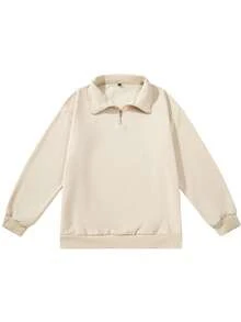 New Men's Solid Color Minimalist Versatile Half-Zip Sweatshirt, Fashionable Autumn/Winter Casual Loose Fit Sweatshirt - Apricot - View 6