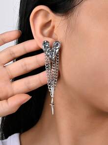 一对复古时尚简约心形锤纹链条流苏耳环，适合女性日常、派对、四季佩戴 - 彩色 - 查看 6