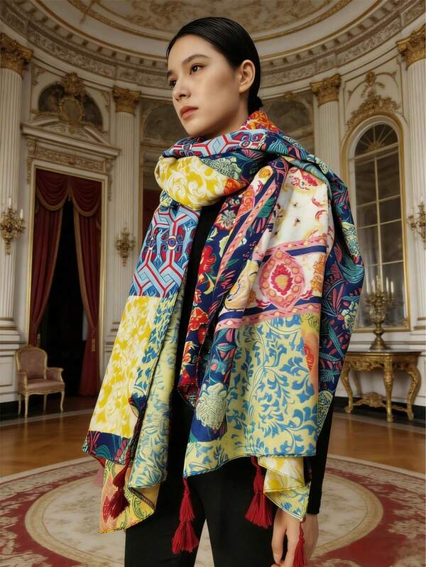 1 Vintage Printed Shawl Scarf, 1 New Bohemian Colorful Soft Chiffon Scarf, 1 Retro Geometric Diamond Print Long Scarf, 1 Comfortable Silk Sunscreen Scarf For Women, Suitable For Elegant Outfits. This Silk Scarf Is Versatile For Daily Outdoor Travel, Desert, Grassland, Seaside, Beach And Other Occasions.