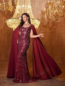 UNITHORSE [Random Print] Women's Sweetheart Neck Fitted Sequin Long Sleeve Evening Gown - Burgundy - View 7