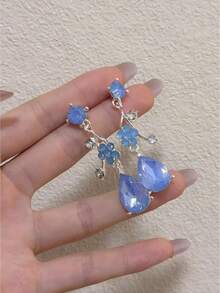 Bộ trang sức dây chuyền và bông tai pha lê hình hoa mới, dây chuyền xương đòn, phụ kiện váy cưới cô dâu. - Màu xanh nhạt - Xem 3