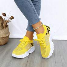Lightweight Mesh Leopard Print Sneakers Lace-Up Style With Cushioned Sole Flexible & Comfortable Ideal For Gym Workouts Walking And Casual Daily Wear. - Upgrade Yellow - View 3