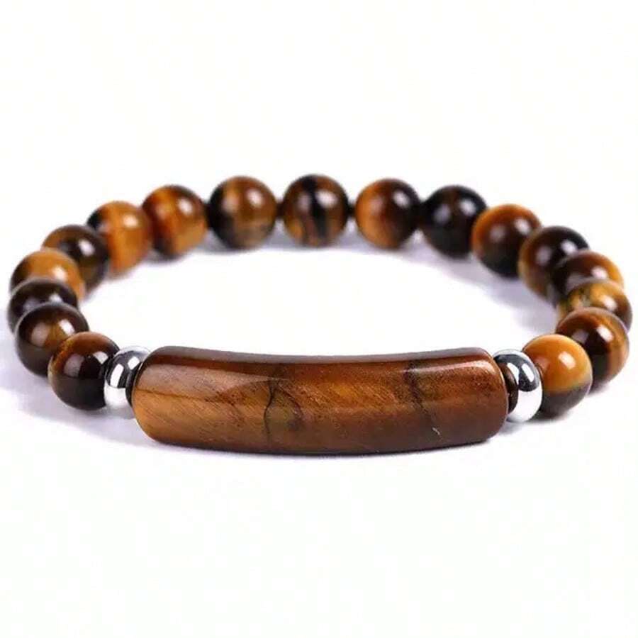 1pc Men's Natural Stone Mahjong Tiger Eye Bracelet, Suitable For Daily Wear - Coffee Brown - View 1