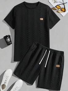 男士提花短袖短裤套装，街头时尚休闲风，夏季休闲度假装扮，黑色 - 黑色 - 查看 3