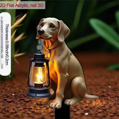 2D 平面 - 1 个可爱的狗狗和灯笼花园树桩 - 扁平亚克力户外装饰品，尖头设计，适用于庭院、花园、花盆 - 耐用装饰品，适合爱狗人士、花园装饰、庭院美化、艺术设计、结构坚固、装饰杆、家庭园艺爱好者，2D 平面