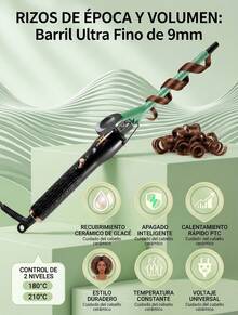 Rizador de Cabello Profesional 9mm Ultra Delgado para Rizos Definidos Tipo Afro, Teddy, Hippie y Espiral Compacta, Tenaza para Cabello con Tubo Fino para Volumen Intenso y Estilo Vintage, Plancha Rizadora con Recubrimiento Cerámico y Turmalina para Brillo Natural, Tecnología PTC de Calentamiento en 30s con Temperatura Estable 180°C y 210°C para Cabello Fino, Normal o Grueso, Tenaza para Peinar con Cable Giratorio 360° y Punta Fría para Manejo Cómodo, Herramienta de Estilizado para Mujer y Hombre Ideal para Fleco, Patillas y Cabello Corto, Rizador Profesional para Crear Rizos Pequeños, Ondas Retro y Textura Abundante, Ideal para Cabello Lacio que Busca Apariencia de Cabellera Abundante, Estilizador de Cabello con Diseño Ergonómico para Uso Diario en Casa o Salón, Rizador Compacto para Estilo Afro, Rizos Definidos y Peinado con Volumen Visible y Duradero - Tipo de Enchufe A USA (110-127V) - Ver 2