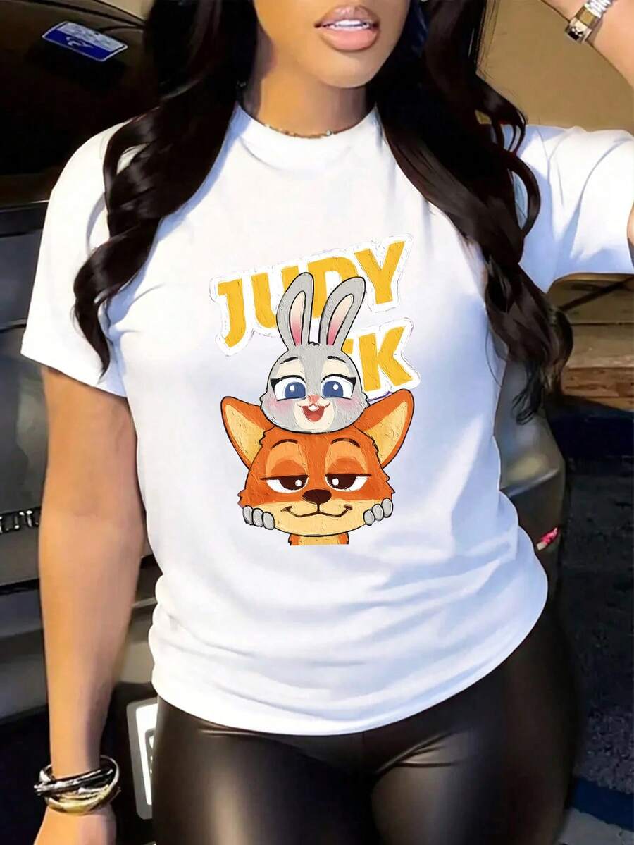 Disney Womens Casual Cotton Zootopia Judy Hopps Nick Wilde Print Short Sleeve Round Neck T-Shirt Regular Fit Top - 白色 - 查看 1
