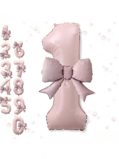 2件套 - 蝴蝶结装饰数字气球，包含1个40英寸粉色数字气球和1个21英寸粉色蝴蝶结装饰气球。适用于女宝宝一周岁生日庆祝、女孩生日派对、节日装饰、周年纪念、波西米亚风女孩生日派对、迎婴派对装饰。