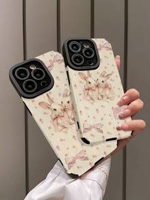 可爱兔子蝴蝶结竖条纹图案优雅仿皮防震防指纹手机壳，适合作为生日/节日礼物送给朋友、家人、情侣，兼容及其他型号 - 彩色 - 查看 4